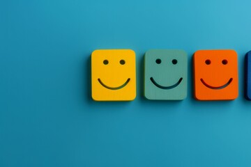 Bright and colorful smiley face blocks arranged in a row against a vibrant blue background, representing happiness and positivity.