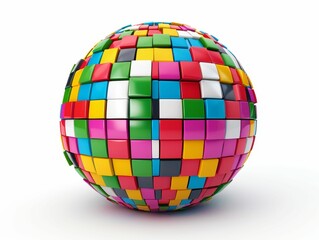 Obraz premium Colorful 3D geometric sphere constructed from small squares and rectangles, isolated on white background.