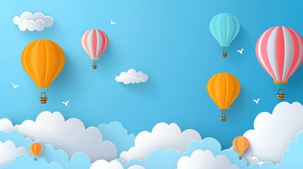 Fototapeta premium A paper craft style illustration of hot air balloons flying in a blue sky with white clouds.