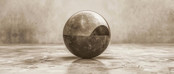 A metallic sphere with a textured surface sits on a smooth, light-colored floor.