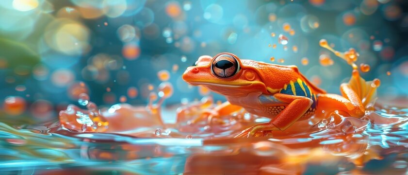 A vibrant red frog with yellow stripes sits on a rock in a dreamy, colorful world.