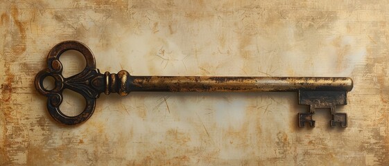 A vintage key with intricate details, laying on a textured surface.