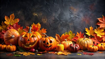 Background with halloween pumpkins, candles and autumn leaves on the wooden house porch
