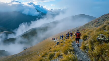 A picturesque mountain trail run with misty terrain and stunning vistas offers an unforgettable experience.