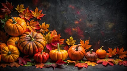 Background with halloween pumpkins, candles and autumn leaves on the wooden house porch