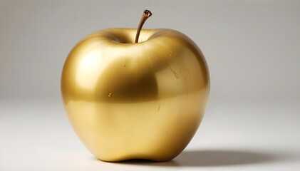 A golden apple, shiny and metallic in appearance, against a plain background