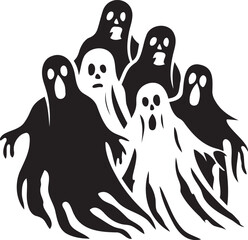 Illustration of five black ghosts with varied expressions, creating a spooky and fun Halloween-themed design isolated on white or transparent background.