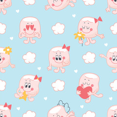 Fototapeta premium Marshmallow seamless pattern. Funny marshmallows kids fabric print design. Sweet dessert candies characters. Wrapping or background nowaday vector template