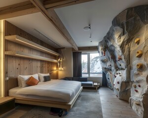 Luxury room with nordic hostel vibe featuring rock climbing wall, perfect retreat for avid climbers