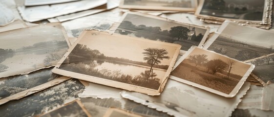 Pile of vintage postcards with nostalgic scenery.