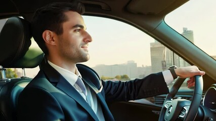 Car driver portrait. Handsome man in classical suit drives a vehicle. Businessman goes to work. Business class taxi. A taxi driver carries a passenger inside auto. Sun light sunset. Evening trip.
