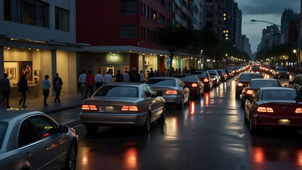 trafic jam on the street during rainy season