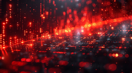 Abstract digital landscape with glowing red data streams and binary code, representing virtual reality. Concept of technology, cyberspace, and artificial intelligence.