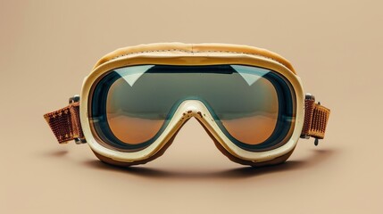 Vintage brown leather ski goggles isolated on a beige background.