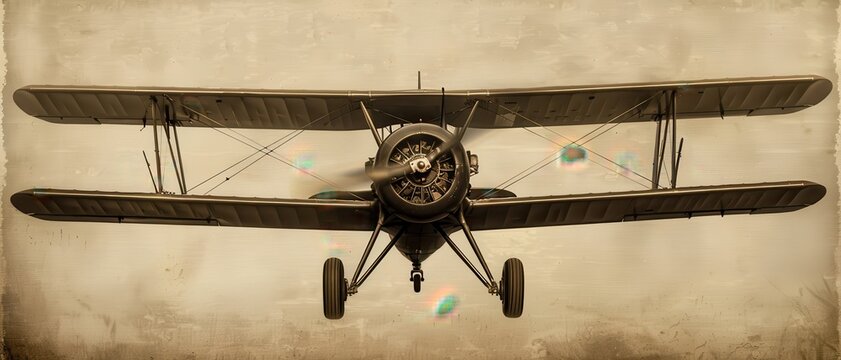Vintage biplane aircraft in flight, faded background.