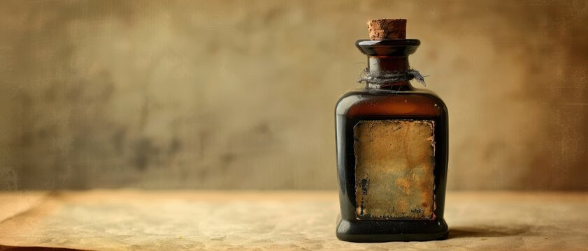 Vintage bottle with cork stopper on wooden table.