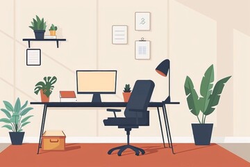illustration of a home office setup, featuring an ergonomic chair and desk, emphasizing comfort and efficiency in remote work environments.