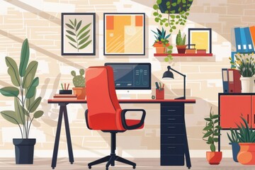 illustration of a home office setup, featuring an ergonomic chair and desk, emphasizing comfort and efficiency in remote work environments.
