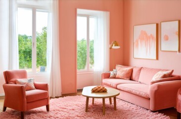 Fototapeta premium peach interior, peach pastel room, with sofa, peach fluffy carpet on the floor, coffee table, homeplants, peach paintings, morning, sun rays from the window