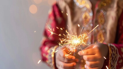 Cute indian little boy holding fireworks stick in hand and celebrating diwali festival