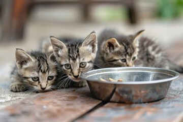 Adorable kittens waiting for food  domestic pets excited for mealtime in nutrition concept