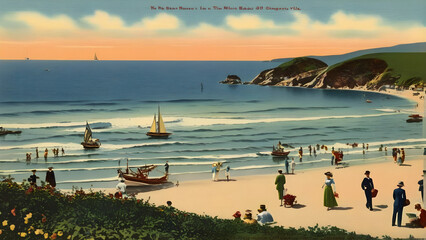 Obraz premium Vintage photo card, palm trees and beautiful beach on vintage photo card, ai generated