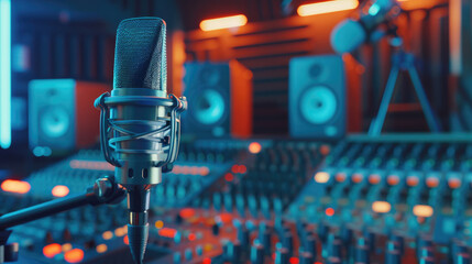 A professional microphone in the foreground with sound studio equipment and a computer screen in the background, depicting a recording concept
