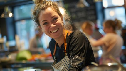 Obraz premium Close-up of a woman participating in a cooking class in Utrecht, Netherlands, learning to make traditional Dutch dishes, wearing an apron and smiling, with a kitchen setting in the background,