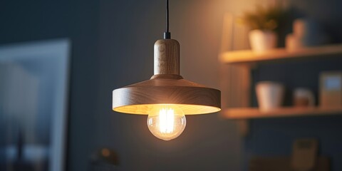 Obraz premium Close-up of industrial-style hanging light fixture with warm glow, set against a dimly lit interior.