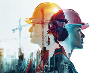 Diverse civil engineering team in double exposure banner with generative ai integration