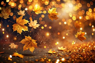 Autumn Background with Colorful Orange Leaves and Branches, Falling to the Ground, Template with Space for Copy