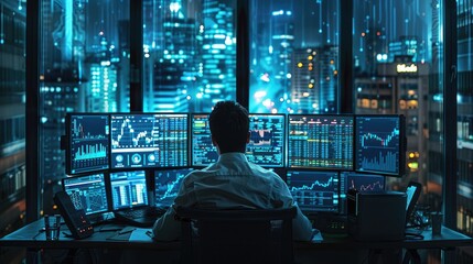 trader working late at night, with multiple monitors displaying various financial markets, charts, and news feeds.