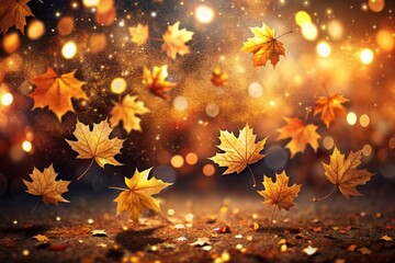 Autumn Background with Colorful Orange Leaves and Branches, Falling to the Ground, Template with Space for Copy