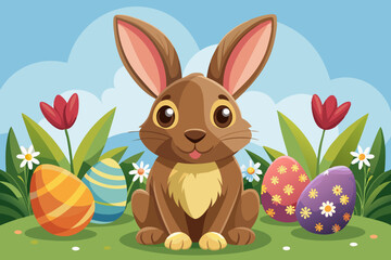 A young brown rabbit with large ears sitting in a field of colorful Easter eggs and flowers, with a blurred background and soft lighting