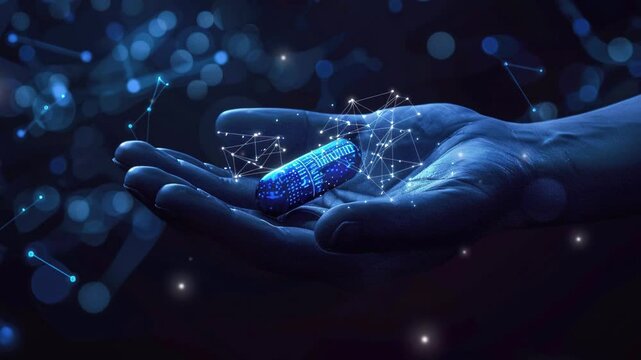 International Overdose Awareness Day Concept. Hand holding blue glowing pills on a dark background with a network connection. Drug-Free Living. futuristic medical technology concept. Copy space area