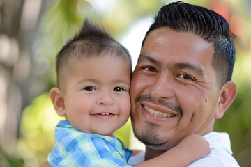 Smiling latino father bonding with baby son   family, father s day, and happiness celebration