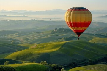 Fototapeta premium A hot air balloon drifting above rolling hills, with a softly blurred background of green fields and distant mountains. 