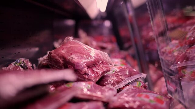 Large selection of different meats in the shopping center. A young woman selects a suitable piece to prepare dinner at home. Concept of fresh products, recipes and wholesale sales.