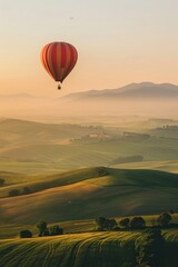 Fototapeta premium A hot air balloon drifting above rolling hills, with a softly blurred background of green fields and distant mountains. 