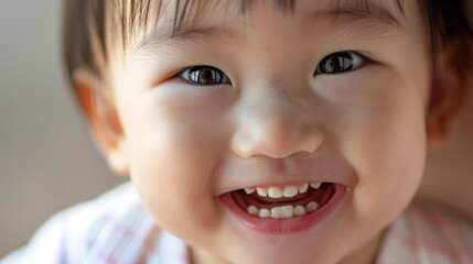 Happy six-month-old Asian baby with emerging teeth, captured in a close-up for dental care articles or advertising.