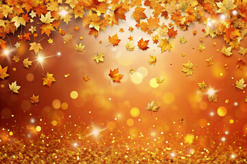 Autumn Background with Colorful Orange Leaves and Branches, Falling to the Ground, Template with Space for Copy