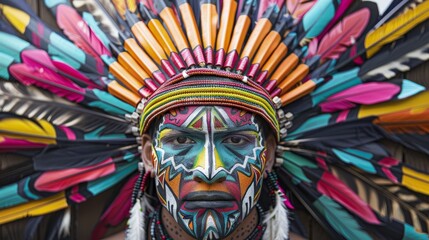 Naklejka premium A man with a colorful face paint and a feather headdress