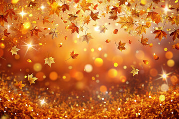 Autumn Background with Colorful Orange Leaves and Branches, Falling to the Ground, Template with Space for Copy