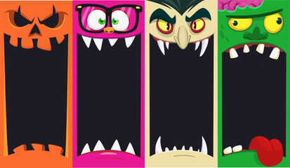 Fototapeta premium Halloween funny faces set of four characters. Cartoon heads of grim reaper, pumpkin Jack o lntern zombie, vampire and mummy. Vector illustration isolated. Party decoration or package design.