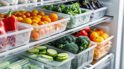 Open fridge filled with healthy meal prep containers, fresh cut vegetables ready for cooking, promoting a clean eating concept, showcasing organized and nutritious food storage, meal planning.