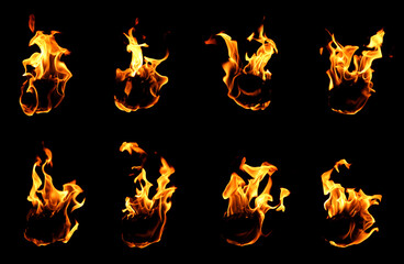 collection abstract flame isolated black background. concept of effect texture ablaze, graphic...