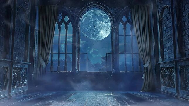 Castle room with a window overlooking a full moon outside
 Seamless looping 4k time-lapse virtual video animation Generated AI