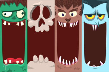 Halloween funny faces set of four characters. Cartoon heads of grim reaper, pumpkin Jack o lntern zombie, vampire and mummy. Vector illustration isolated. Party decoration or package design.