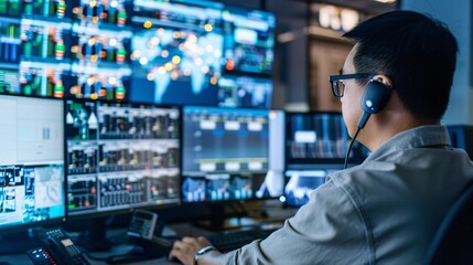Security Operations Center Specialist Monitoring Multiple Screens with High-Tech Surveillance Systems, Analyzing Data Feeds, Ensuring Network Safety in a Cybersecurity Command Center Environment.