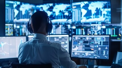 Security Operations Center Specialist Monitoring Multiple Screens with High-Tech Surveillance Systems, Analyzing Data Feeds, Ensuring Network Safety in a Cybersecurity Command Center Environment.